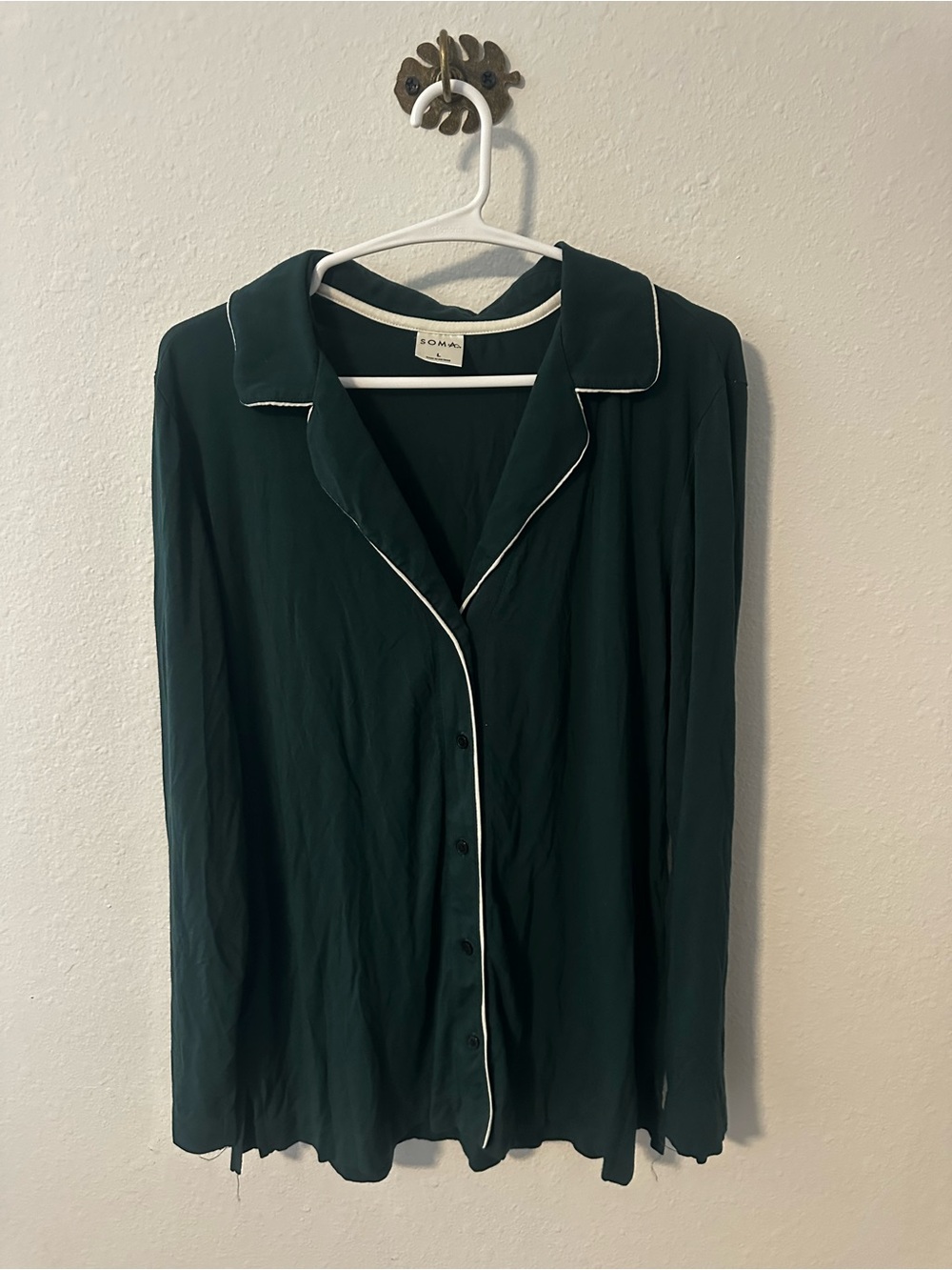 Soma Intimates Deep Green Button-Down Pajama Top with White Piping